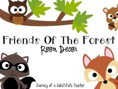 the cover of friends of the forest, featuring three cute animals and one owl sitting on a tree branch