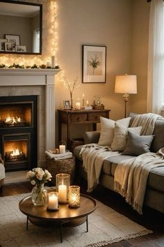 a living room filled with furniture and a fire place next to a mirror on the wall