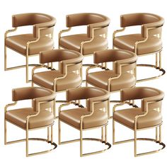 a set of six chairs with gold frame and brown leather upholstered backrests