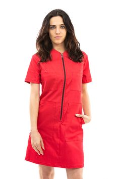 Matrushka Construction Red Coverall Dress This is the most utilitarian dress of all time. It has all the benfits of our 6 pocketed coveralls but it’s a dress! Seriously you can layer it, use as uniform or put some heels on and rock it on a night out! Our coveralls is that one piece in your closet that just reminds you to play. Inspired by American gasoline coveralls, these coveralls are both functional and stylish. Pair with your favorite combat boots or wear them with a pair of Keds.  cotton/po Utility Short Sleeve Overalls For Workwear, Utility Style Short Sleeve Overalls For Workwear, Fitted Short Sleeve Overalls For Workwear, Utilitarian Dress, Work Uniform, Work Uniforms, Independent Women, High End Fashion, Handmade Clothes