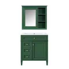 a bathroom vanity with a mirror and sink in green painted wood, against a white background