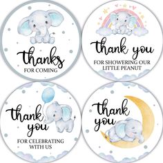 four baby shower stickers with an elephant and the words thank you for coming on them