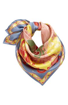 "Find ETRO Turandot Silk Scarf on Editorialist. Marco de Vincenzo's eye for vibrancy inspires the kaleidoscopic floral pattern decorating this silk scarf crafted in Italy. 26\" square 100% silk Spot clean Made in Italy" Pattern Scarf Silk, Floral Silk Scarf, Accessories Style, Spiral Pattern, Printed Silk Scarf, Patterned Scarves, Scarf Design, Silk Scarves, Yellow Blue