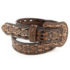 Style# A1523667 Ariat women's scroll tooled chocolate leather belt with oversized bronze floral embossed buckle. Tooled Belt, Leather Tooling Patterns, Tooling Patterns, Gold Teeth, Chocolate Leather, Tool Belt, Leather Tooling, Aesthetic Clothes, Belt Buckles