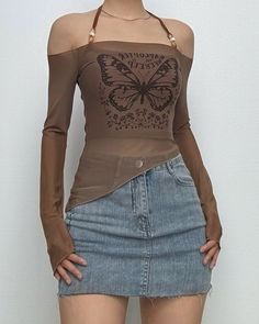 Fitted Long Sleeve Tops With Butterfly Print, Butterfly Aesthetic Outfit, Hot Casual Outfits, Flat Chested Outfits, Girly Grunge Outfits, Flat Chested Fashion, Off The Shoulder Top Outfit, Fashion Aesthetics, Fairy Grunge