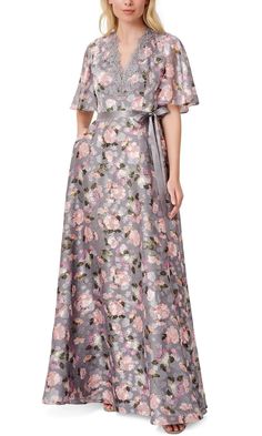 Aidan Mattox MD1E207259 - Flutter Sleeve Floral Long Dress Floral Long Dress, Aidan Mattox, Full Length Skirts, Floral Print Design, Floral Dresses Long, Mothers Dresses, Lace Gown, The Deep, Tie Belt