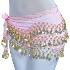 Belly Dancer Hip Skirt Brand New Color: Pink With Gold Coins Fabric: Chiffon Size: Os Measurements: Length 63”, Width 8.2 Drop #Halloween #Halloweencostume #Bellydancer #Arabic #Costume Womens Belly Dancer Costume, Belly Dance Turban, Belly Dancer Coin Skirt, Fitted Pink Skirt For Festival, Bohemian Summer Dance Bottoms, Pink Summer Dance Skirt, Pink Skirt For Summer Dance, Pink Skirt For Dance In Summer, Pink Skirt For Summer Dance Events