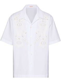 white cotton embroidered design perforated detailing camp collar front button fastening short sleeves straight hem Pomegranate Embroidery, Fendi Jacket, Mens Bowling Shirts, Collar Shirt Men, Embroidery Online, White Shirt Men, Bowling Shirt, Aviator Jackets, Bowling Shirts