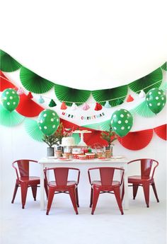 an instagram page with red chairs and green decorations