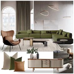 a living room filled with lots of furniture and decorating items, including a green couch