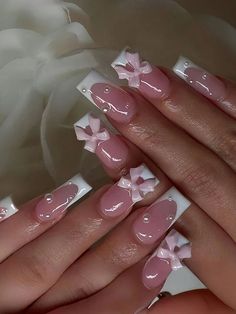 #GraduationNails #ClassOf2024 #NailArtForGraduation #CelebrationNails #ElegantNails #GraduationBeauty #NailInspo #GraduationStyle #SpecialOccasionNails #TrendyNails Simple Nail Designs French Tip Square, French Tip Designs Acrylic Square, Medium Nails Acrylic French Tip, Nail With Bow Design, Nails Ideas Square Medium, Square Pink And White Nails, Nail Ideas Medium Square, Pink And Pearl Nails, White Nail Designs Square