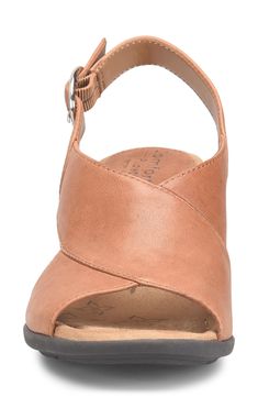 Crisscross leather straps top a stunning slingback sandal set on a Pillowtop® memory foam footbed for signature comfort under each step. 2 1/2" heel Adjustable slingback strap with buckle closure Memory foam cushioning Leather upper/textile lining/synthetic sole Imported Brown Leather Cross Strap Slingback Sandals, Brown Sandals With Arch Support For Everyday Use, Brown Slingback Sandals For Everyday, Comfortable Leather Slingback Sandals With Heel Strap, Walker Shoes, Platform Slippers, Maternity Shops, Designer Clothes For Men, Slingback Sandal