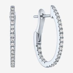 These chic women's hoop earrings are crafted from 10K White Gold and lined with round-cut Lab-Grown Diamonds creating a sparkling effect that's perfect for everyday wear. They're secured with a hinged back. Features: Quick ShipDiamond Clarity: Si2-I1Earring Back: HingedSetting: ProngStone Cut: RoundDiamond Color: G-HMetal Color: WhiteEarring Length: 20mmRounded Carat Weight: 1/3 Ct. T.w.Care: Wipe CleanStone Type: 48 Lab Grown DiamondAuthenticity: Lab Grown DiamondBirthstone: April BirthstoneEar White Brilliant Cut Small Hoop Huggie Earrings, White Diamond Hoop Earrings With Accents, White Oval Hoop Earrings With Prong Setting, White Diamond Small Hoop Earrings For Anniversary, White Diamond Cut Small Hoop Earrings, Classic White Hoop Diamond Earrings, Classic White Hoop Earrings With Diamond Accents, Modern White Brilliant Cut Hoop Earrings, White Small Hoop Diamond Cut Earrings