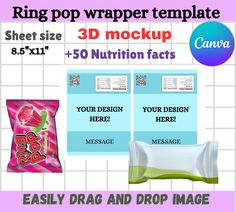 a bag of candy with the text ring pop wrapper template for 3d mockup