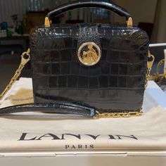 Lanvin Box Chain Minaudiere Bag Black, Croc Embossed, Gold Hardware, New Minaudiere Bag, Givenchy Gv3, Lanvin Bag, Vintage Leather Bag, Vintage Suede, Black Leather Bags, Mini Crossbody Bag, Hand Bags, Box Chain