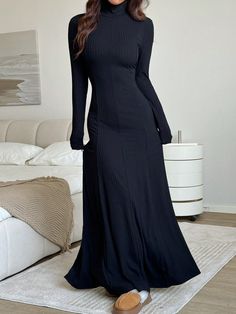 Women's Autumn/Winter Turtleneck Fitted Long Sleeve Ribbed Waist Trim Floor-Length Elegant Dress Black Casual  Long Sleeve Knitted Fabric Plain Bodycon Medium Stretch  Women Clothing, size features are:Bust: ,Length: ,Sleeve Length: Long Sleeved Maxi Dress, Winter Dresses Long, Winter Dresses For Women, Black Turtleneck Dress, Winter Turtleneck, Long Sleeve Fitted Dress, Women Legs, Women's Shapewear, Turtle Neck Dress