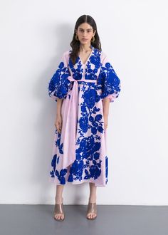 Luxurious Dolce Rose/Blue Roses Women's Midi Dress Yuliya Magdych Dolce Rose, Yuliya Magdych, Pink Flower Dress, Fashion Designer Clothes, Casual Glam, Funky Dresses, Interesting Outfits, Designer Clothes For Women, Made In Ukraine