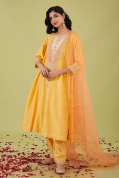 Yellow three fourth sleeves kalidar anarkali with phool yoke embroidery using gota, moti sequins and zari nakshi highlights. Paired with a matching salwar and scallop moti border peach organza dupatta. - Aza Fashions Wedding Kurta With Gota Work In Mulmul, Wedding Mulmul Kurta With Gota Work, Festive Long Sleeve Tissue Silk Anarkali Set, Designer Cotton Silk Anarkali Set With Straight Kurta, Yellow Anarkali Kurta In Tissue Silk, Tissue Silk Salwar Kameez For Navratri, Bollywood Style Tissue Silk Anarkali Set With Long Sleeves, Bollywood Style Long Sleeve Tissue Silk Anarkali Set, Semi-stitched Tissue Silk Anarkali Set With Straight Kurta