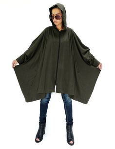 NO.179 Dark Olive Cotton Jersey Loose-Fitting Zip by JoozieCotton Hooded Poncho, Long Maxi Skirts, Jacket With Hood, Unisex Jacket, Oversized Hoodie, Oversize Hoodie, Jacket Style, Hoodie Jacket, Hooded Jacket