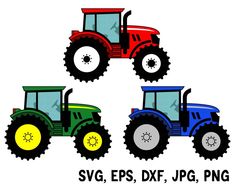 four farm tractors are shown in three different colors, one is red, one is blue and the other is green