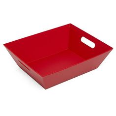 a red plastic basket with handles on a white background, it is also used as a serving tray