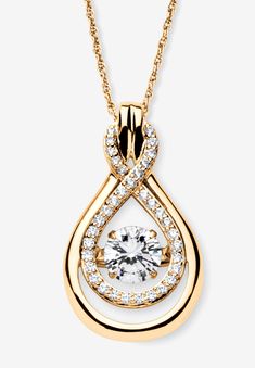 This double loop drop pendant flutters within its frame, moving to the rhythm of your pulse, a soft touch or the slightest motion. Part of the CZ in Motion Collection, the continuous dance of this shimmering cubic zirconia and pave cz accents will mesmerize you. 1.25 carat T.W. 18" length chain. 14k gold-plated sterling silver.FABRIC: 14k Gold-Plated Sterling SilverMain Stone: 1 Round Faceted Cut Cubic Zirconia, .98 carat, 6 mm x 6 mm29 Round Faceted Cut Cubic Zirconias, .23 carat total weight, Gold Drop Necklace, Dainty Initial Necklace, Halo Necklace, Pendant Design, Drop Necklace, Gold Plated Sterling Silver, Gold Pendant, Jewelry Shop, 925 Silver