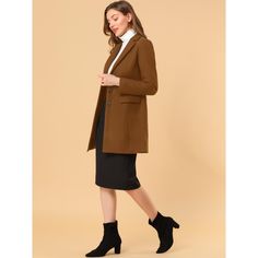 Be cozy in this warm winter coat which is cut with a notched lapel and versatile pockets for a feminine chic longline silhouette. Dress up the trench coat for an elegant chic look in Coffee shops, Shopping, Work, Office, Business, Weekend Gathering, Formal, and Outdoors in chilly winter. Simply pair it with sophisticated clutch bags and chic high-heeled shoes for an elegant look. Office Wear Outerwear With Suit Collar, Winter Workwear Outerwear With Suit Collar, Brown Wool Coat With Lapel Collar For Office, Brown Long Coat For Work, Brown Long Coat For Workwear, Casual Wool Coat With Lapel Collar For Office, Chic Long Pea Coat For Office, Chic Wool Coat With Lapel Collar And Pockets, Single Breasted Business Sweater Coat For Fall