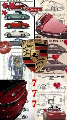 an advertisement for the porsche brand with red and white cars on it's side