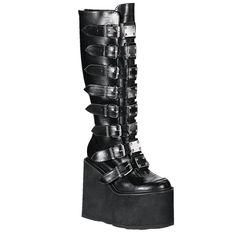 Demonia Swing-815 Black Vegan Leather With A 5 1/2" (14cm) Wedge Platform Goth Punk Gogo Knee Boot With Metal Plates, Full Back Zipper, Demonia Trinity Boots, Swi815/Bvl Free Shipping And Brand New In The Box Great For A Festival Set, Rave Outfit, As Goth Boots, Emo And Alternative Fashion, Cosplay Costumes, Dolls Kill And Hot Topic Shoes, And More #Nwt #Punk #Grunge #Dollskill #Summer Knee High Platform Boots, Pleaser Shoes, Metal Plates, High Wedges, Goth Punk, High Heel Wedges, Knee Boot, Buckle Shoes, Yes Or No