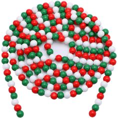 red, white and green beads are arranged in the shape of a circle on a string