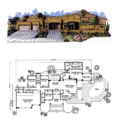 an architectural drawing and floor plan for a house with two levels, including the first level