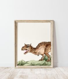 a painting of a dinosaur with its mouth open and tongue out in front of a white wall