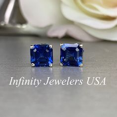 Asscher cCut Stud Earrings / Blue Sapphire Earrings / 14k White Gold / #6356 #GiftIdeasForHer #AsscherCutEarrings #LadiesGift #BirthdayGift #AnniversaryGift #MothersDayGift #UniqueSetting #StudEarrings #BridalGift #EngagementGift Octagon Gemstone Earrings For Anniversary, Classic Sapphire Jewelry Gia Certified, Rectangular Lab-created Sapphire Fine Jewelry, Classic Gia Certified Sapphire Jewelry, Classic Sapphire Earrings With Diamond Cut, Classic Octagon Gemstone Earrings, Sterling Silver Square Cut Earrings With Prong Setting, Gia Certified Sapphire Earrings For Formal Occasions, Classic Rectangular Lab-created Sapphire Jewelry