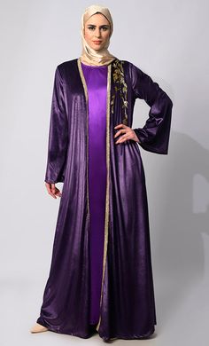 women wearing Velvet Dreams: Elegant Purple Handwork Shrug with Lining Elegant Festive Velvet Dress, Formal Floor-length Festive Abaya, Formal Festive Floor-length Abaya, Elegant Long Abaya For Festive Occasions, Elegant Formal Abaya For Fall, Elegant Floor-length Fall Abaya, Velvet Party Sets For Eid, Festive Long Sleeve Fitted Abaya, Fitted Long Sleeve Festive Abaya