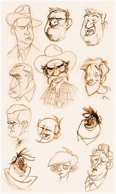 a bunch of cartoon faces drawn in pencil