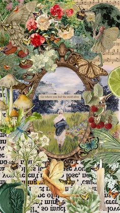 an altered collage with flowers, butterflies and other things in the middle of it