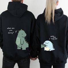 Lovely Dinosaur Matching Couple Hoodie Sweatshirt for Couple, Cute Dinosaur Matching Hoodie Gift For Couple, Matching Sweatshirt, Gift For Lovers * Price is including only 1 item * Gildan Heavy Blend    Adult Hooded Sweatshirt * 8-ounce, 50/50 cotton/poly * Double-needle stitching at waistband and cuffs * Double-lined hood with dyed-to-match drawcord * 1x1 rib knit cuffs and waistband with spandex * Front pouch pocket Cute Couple Hoodies, His And Hers Hoodies, Matching Hoodies For Couples, Girlfriend And Boyfriend Goals, Couple Fits, Matching Hoodies, Cute Couple Gifts, Couple Cute, Cute Couple Outfits