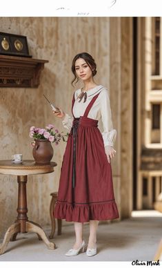 Olivia Mark - Vintage-Inspired Belted Overall Dress with Long Sleeve Shirt Set Tie Strap Dress, Belted Midi Skirt, German Outfit, Asymmetrical Midi Skirt, Cottagecore Fashion, Suspender Skirt, Suspender Dress, Chic Vintage, Overall Dress