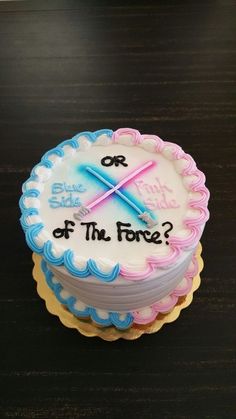 a birthday cake with the words or end of the force? on it sitting on a table