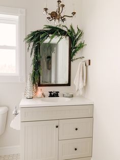 a bathroom with a sink, mirror and plants on the counter top in front of it