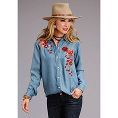 Embroidered Button-up Western Tops, Western Style Embroidered Button-up Top, Casual Fall Blouse For Rodeo, Casual Rodeo Fall Blouse, Denim Blue Button-up Top For Rodeo, Western Style Button-up Blouse For Spring, Spring Western Button-up Blouse, Spring Western Style Button-up Blouse, Western Style Denim Blue Button-up Tops