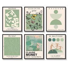 four posters with different designs on them in green and beige colors, each featuring women's silhouettes