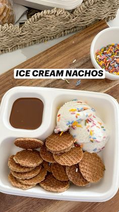 ice cream nachos with chocolate sauce and sprinkles in a container