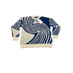 Aelfric Eden Whirlpool Swirl Knit Sweater Blue White Adult Xl Unisex Comfort Gently Used New With Tags Adult Xl Stretchy Comfortable Chest - 25” Length - 30” Blue Knitted Sweater For Streetwear, White Fitted Sweater For Streetwear, Blue Jacquard Knit Sweater, Oversized White Jacquard Knit Sweater, Retro Blue Knitted Sweater, Blue Jacquard Knit Crew Neck Sweater, Casual Blue Sweater With Graphic Print, Retro Blue Long Sleeve Sweater, Blue Long Sleeve Retro Sweater