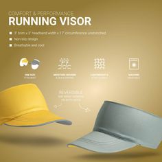 This running performance visor is designed for runners and athletes. Our lightweight visor features a wide brim and stretchable band for all-day comfort. The breathable and moisture-wicking material keeps you cool and dry during any activity. This foldable and packable visor is also reversible, featuring a solid gray color on one side and yellow on the other. Keep the sun, hair, and sweat off your face while showing off your runner pride in our comfort visor for runners and athletes. Pro Runner Sporty Summer Sports Visor, Summer Sports Visor With Sweatband, Adjustable Functional Golf Visor, Functional Summer Visor With Uv Protection, Sporty Summer Visor With Sweatband, Summer Uv Protection Functional Visor, Breathable Sports Visor, Breathable Outdoor Visor, One Size Fits Most, Breathable Outdoor Visor