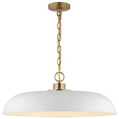 a white light fixture hanging from the ceiling with gold chain around it's neck