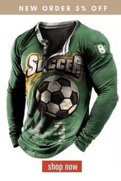 Mens Vintage Soccer Graphic Printed Henley Long Sleeve T-Shirt Vintage Soccer, Henley Long Sleeve, Mens Vintage, Ladies Tops Fashion, Vintage Men, Long Sleeve T Shirt, Mens T, Long Sleeve Tshirt, Soccer