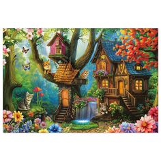 a painting of a tree house with cats in the trees and flowers on the ground