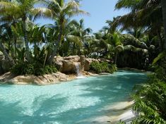 the pool is surrounded by palm trees and water features a waterfall that runs down to the beach