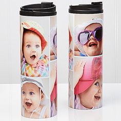 two travel mugs with pictures of babies on them, one has sunglasses and the other has a hat